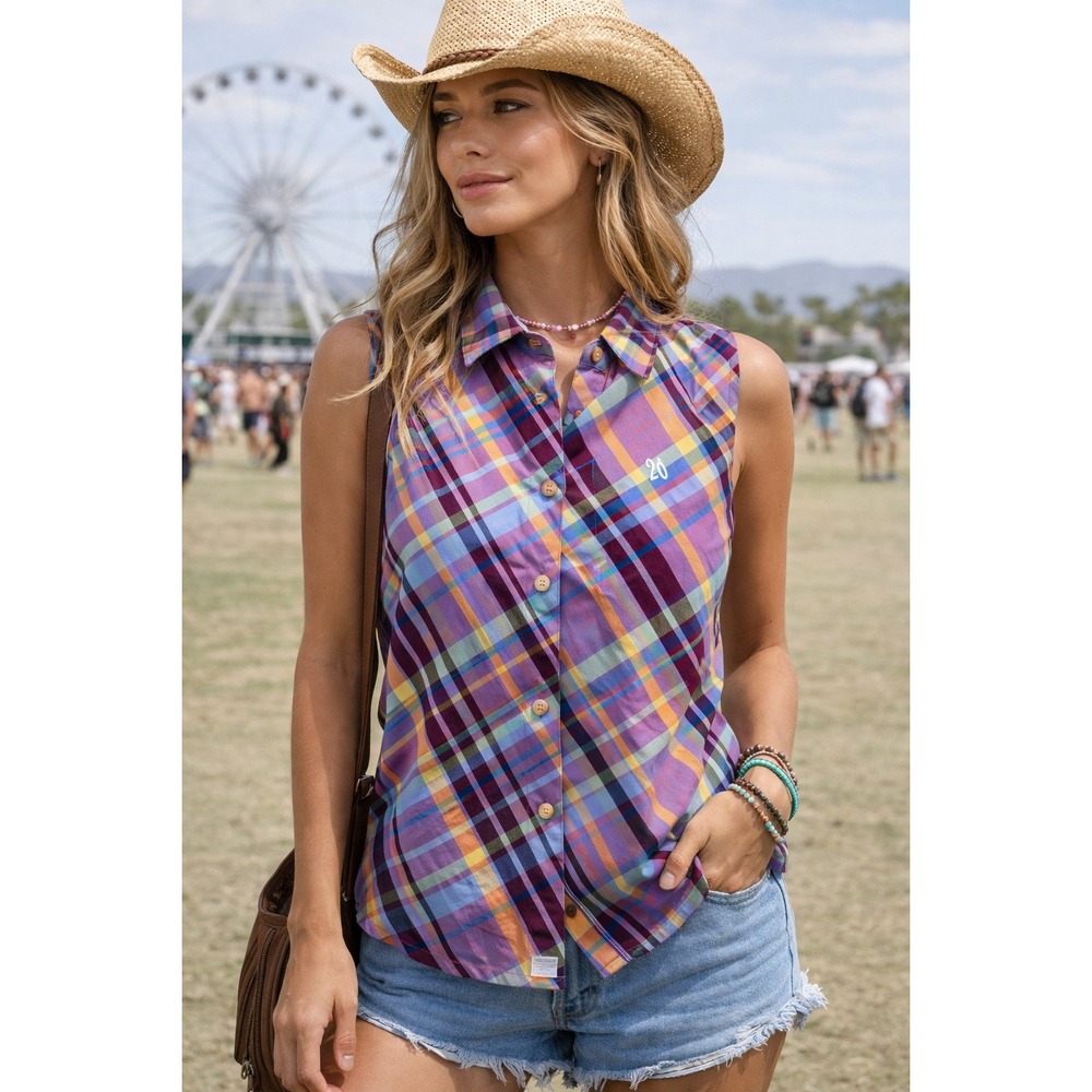 Twenty X Western Sleeveless Shirt Women XL Plaid Cotton Snap Front Cowgirl